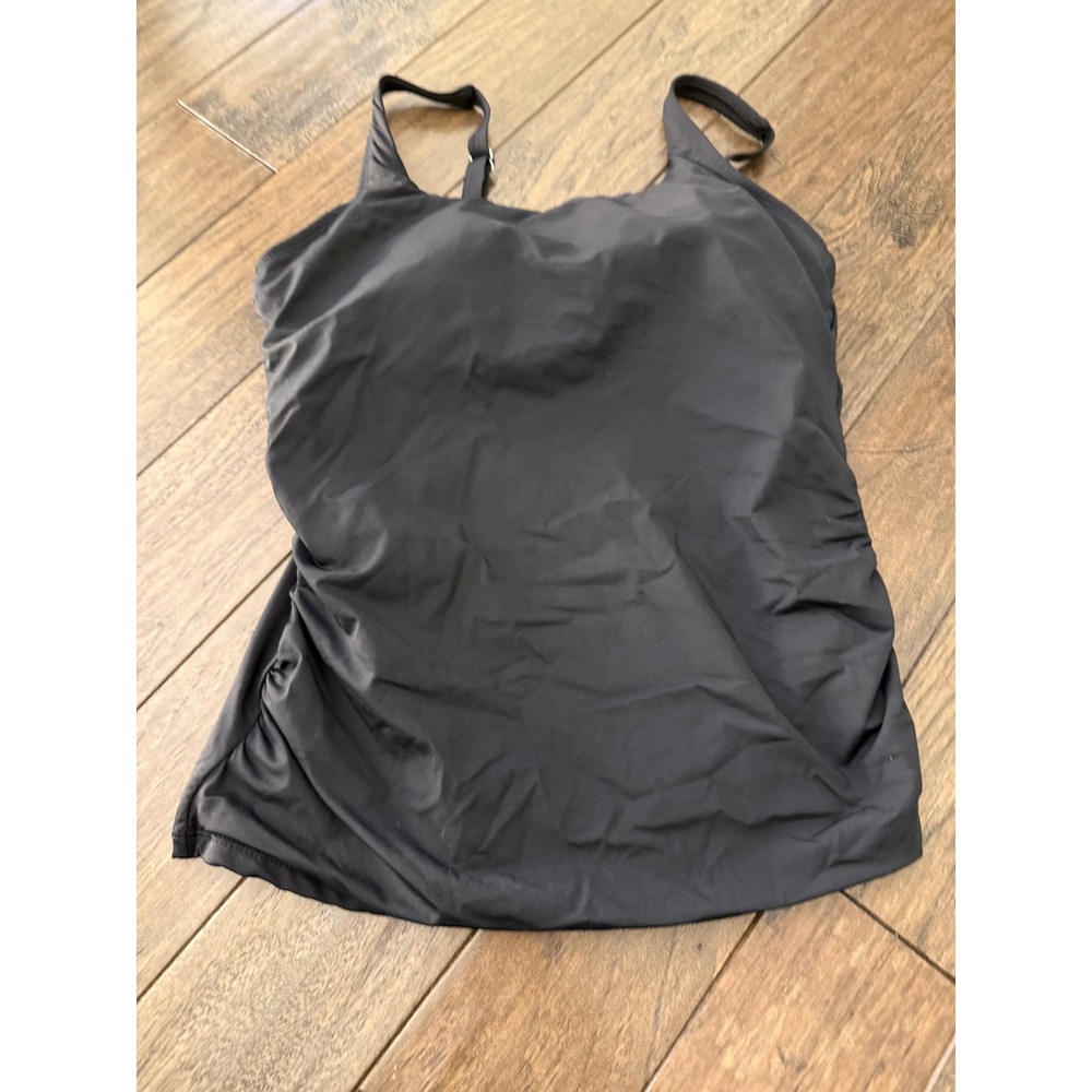 Aqua Eve Tankini Top Women Size M Black Solid Adjustable Straps Ruched Side